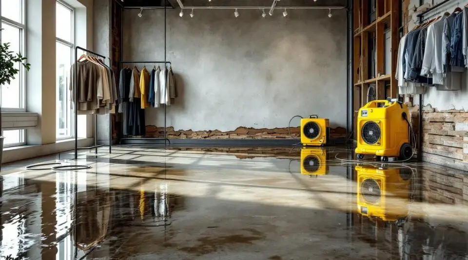 Professional restoration technicians using industrial water extraction equipment in a flooded retail showroom in Little Rock for Retail Store Flood Recovery.