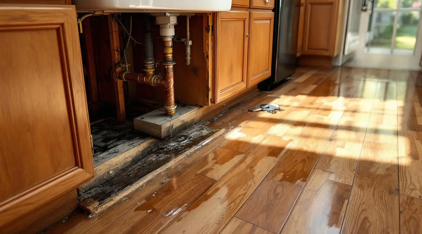 A professional restoration expert using moisture detection tools on kitchen cabinetry in a Little Rock home.