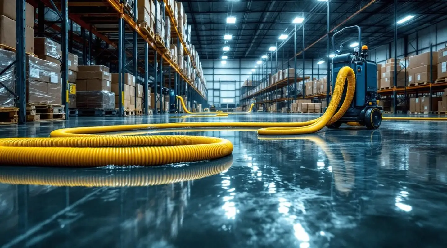 Arko Restoration technicians operating high-capacity water extraction equipment on a flooded commercial warehouse floor in Little Rock as part of a Warehouse Water Extraction emergency response.