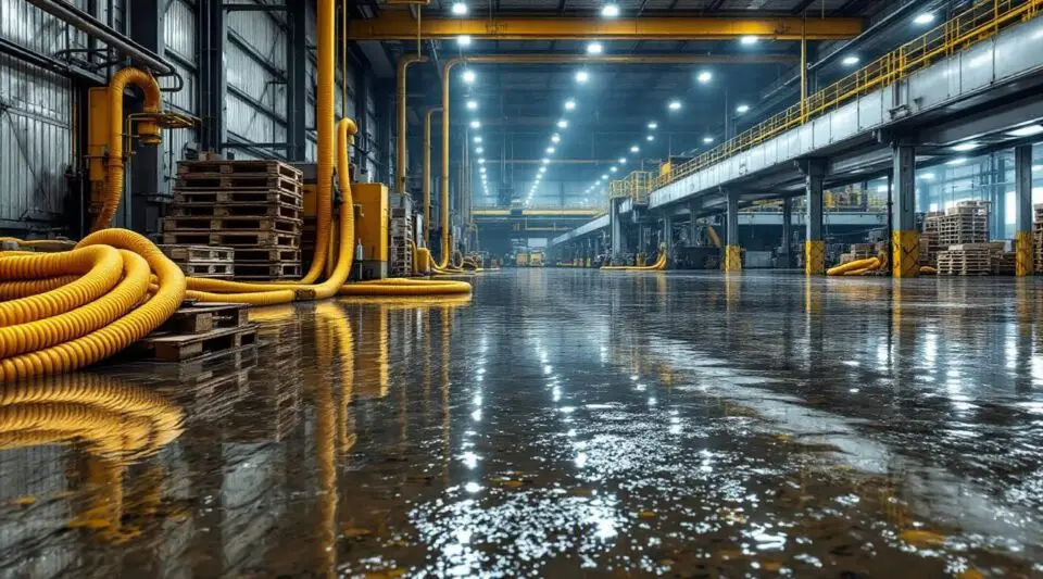 Arko Water Damage Restoration technicians performing industrial flood cleanup and water extraction in a large commercial facility in Little Rock.